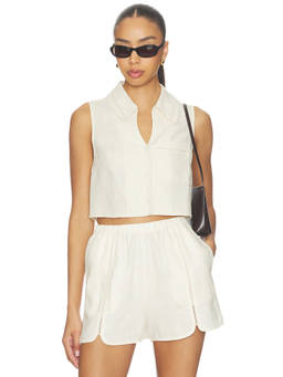 HEVRON - Women's Sleeveless Collared Crop Top Ivory