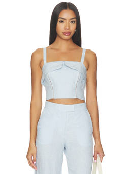 HEVRON - Alba Women's Linen Lace Trim Square Neck Crop Top Blue