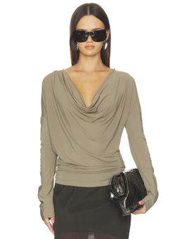 Helmut Lang - Cowl Long Sleeve Women's Plunging Neck Top Taupe