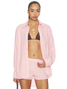 Hunza G - Resort Women's Semi-Sheer Seersucker Button-Down Shirt Pink