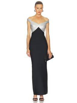 Herve Leger - Metallic Bonnie Women's Off-Shoulder Bodycon Gown Black Silver
