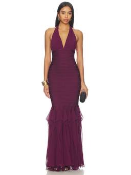 Herve Leger - Louisa Women's Halter Neck Bodycon Maxi Gown Maroon