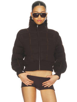 ISA BOULDER - Ripped Quilt Women's Zippered Knit Bomber Jacket Brown