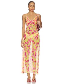 Indah - Printed Lace Trim Women's Sheer Triangle Bust Maxi Slip Dress Pink