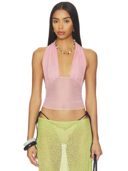 Indah - Solid Women's Sheer Tie-Back Halter Top Pink