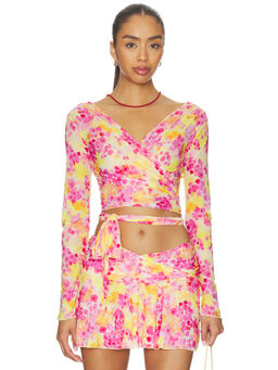 Indah - Printed Women's Long Sleeve Wrap Crop Top Pink