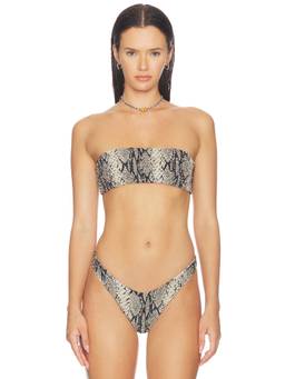 Indah - Hall Printed Women's Shirred Bandeau Bikini Top Brown