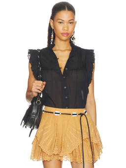 Isabel Marant Etoile - Dersia Women's Embroidered Ruffled Sleeveless Shirt Black