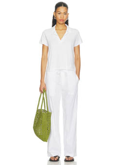 James Perse - Cotton Linen Women's Drawstring Stretch Poplin Wide Trousers White