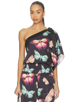 Juliet Johnstone - Mariposa Women's Butterfly Print One Shoulder Top Black