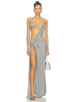 Jaded London - Beaded Frayed Women's Cut-Out Side Slit Maxi Dress Grey
