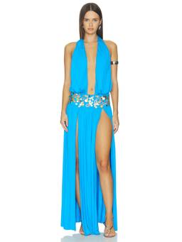 Jaded London - Plunge Coin Women's Halter Neck High Slit Maxi Dress Blue
