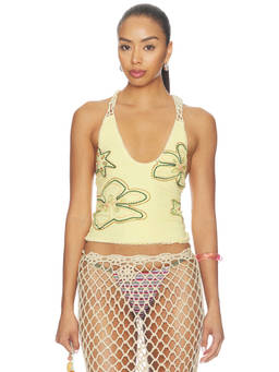 Jaded London - Beaded Women's Floral Halter Neck Crochet Hood Crop Top Yellow
