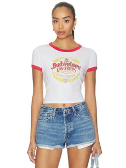 Junk Food - Budweiser Ringer Women's Graphic Print Crop Crew Neck T-Shirt White