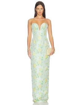 Katie May - Metallic Jacquard Women's Strapless Sweetheart Maxi Gown Yellow