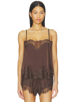 KAT THE LABEL - Olivia Women's Lace Trim Satin Camisole Top Brown