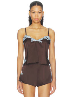 KAT THE LABEL - Jean Women's Lace Trim Satin Camisole Top Espresso