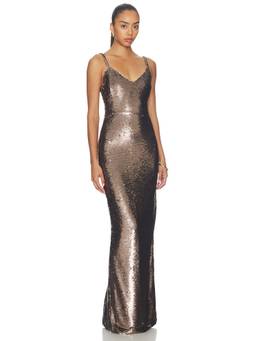 L'AGENCE - Karma Sequin Women's Sleeveless V-Neck Maxi Dress Brown