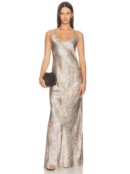 L'AGENCE - Charmaine Women's U-Neck Leopard Print Silk Gown Tan