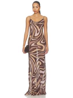 L'AGENCE - Women's Silk Abstract Swirl Shoulder Strap Maxi Dress Brown