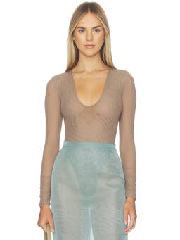 L'AGENCE - Thalassa Women's Sheer Mesh Plunging Neck Bodysuit Beige