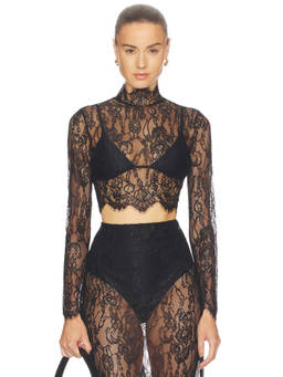 L'AGENCE - Henriette Lace Women's Sheer High Neck Crop Top Black