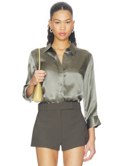 L'AGENCE - Dani Women's Silk Satin 3/4 Sleeve Blouse Smokey Olive