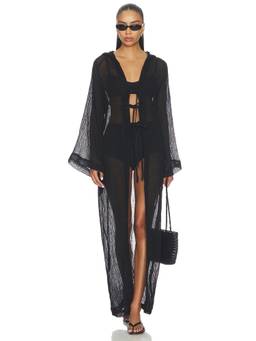 Lisa Marie Fernandez - Beach Cape Maxi Women's Sheer Tie-Up Hooded Swim Cover-Up Black