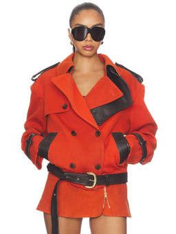 LaQuan Smith - Double Breasted Women's Leather Lapel Cropped Coat Orange
