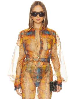 LaQuan Smith - Oversized Boyfriend Women's Sheer Glitter Snap Button Shirt Multi-Color