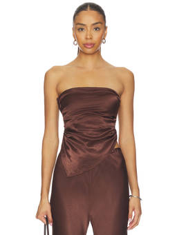 LAMARQUE - Women's Satin Strapless Asymmetric Hem Top Brown
