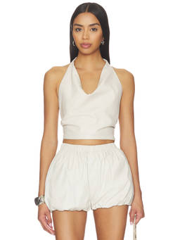 LAMARQUE - Syeda Women's Halter Neck Open Back Leather Crop Top White