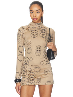 LADO BOKUCHAVA - Piercer Women's Printed Turtleneck Full Sleeves Top Beige