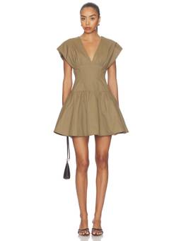 Line & Dot - Cotton Twill Women's V-Neck Cap Sleeve Mini Dress Mocha