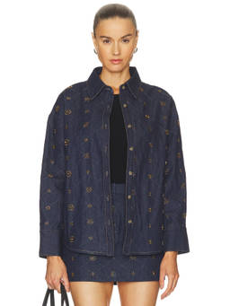 Line & Dot - Attina Women's Embroidered Denim Shacket Blue