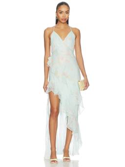 LoveShackFancy - Vailo Women's Halter Neck Ruffled Asymmetric Maxi Dress Blue