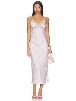 LoveShackFancy - Idris Women's Floral Lace Trim Satin Maxi Dress Pink