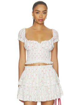 LoveShackFancy - Daini Women's Lace Trim Puff Sleeve Crop Top Red