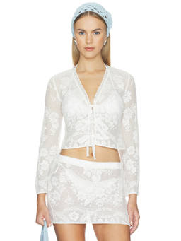 LoveShackFancy - Stacellea Women's Sheer Floral Lace Tie-Up Crop Top White