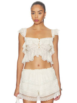 LoveShackFancy - Linata Women's Lace Trim Ruffled Crop Top Ivory