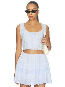 LoveShackFancy - Blyss Women's Lace Trim Button Front Crop Top Blue