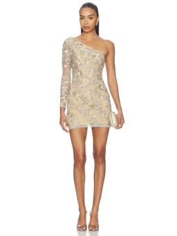 La Fuori - Frosted Silver Women's One Shoulder Beaded Mini Dress Nude