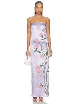La Fuori - Whispering Tapestry Women's Sequin Floral Strapless Maxi Dress Blue