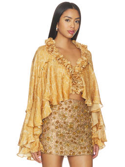 La Fuori - Honeydew Women's Printed Ruffled V-Neck Blouse Gold