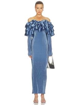 L'IDEE - Paris Women's Ribbed Satin Off-Shoulder Maxi Dress Slate