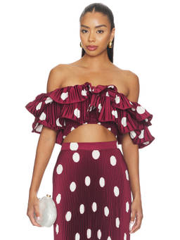 L'IDEE - Debut Women's Off-Shoulder Ruffled Smocked Crop Top Wine