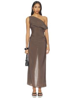LIONESS - Sweetheart Women's One Shoulder Ruched Maxi Dress Brown
