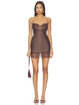 LIONESS - Angelic Women's Lace Trim Satin Slip Nightdress Brown