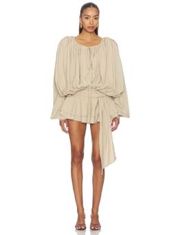 LIONESS - Elements Women's Tie-Up Neck Balloon Sleeve Mini Dress Beige