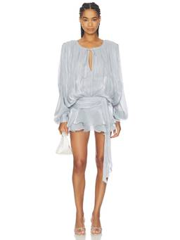 LIONESS - Elements Women's Metallic Chiffon Tie-Up Mini Dress Baby Blue